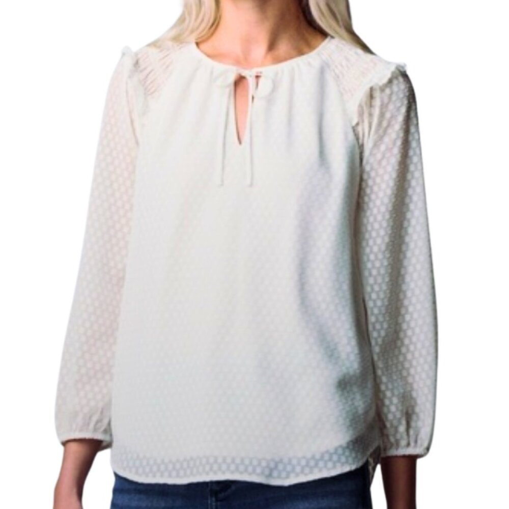 Simply Vera Wang White Ruffled Shoulder Sheer Smocked Women’s Blouse Size Large